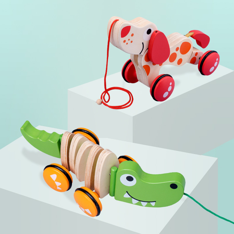 跨境木制拉线蜗牛鳄鱼拖拉车一岁宝宝益智趣味动物学步牵引玩具