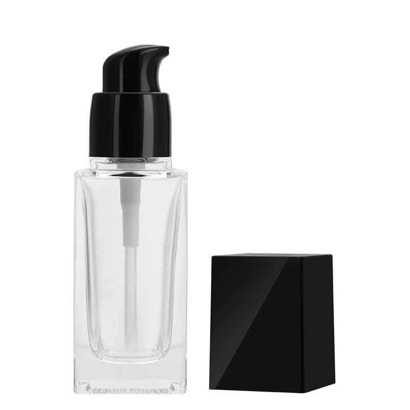 En stock al por mayor engrosada cubierta cuadrada base líquida botella aislamiento crema cosmética vidrio sub-botella cuadrada botella esmerilada
