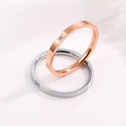Japanese and Korean version of ultra-fine one-diamond ring, rose gold micro-paved diamond couple ring, women's titanium steel ring