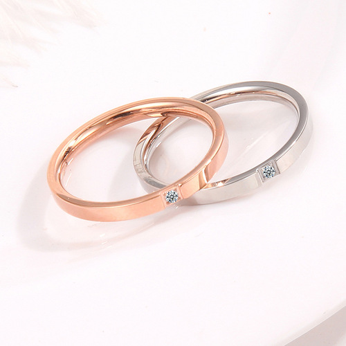 Japanese and Korean version of ultra-fine one-diamond ring, rose gold micro-paved diamond couple ring, women's titanium steel ring