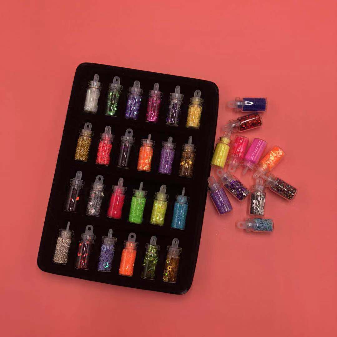 Directo de fábrica 24-color botella de vidrio brillo lentejuelas hexagonal joyería de uñas paquete de material de relleno Delgado