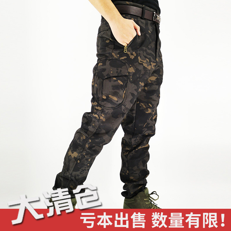 Factory direct autumn and winter imitation shark skin fleece soft shell assault pants wear-resistant plus velvet assault pants outdoor assault pants men