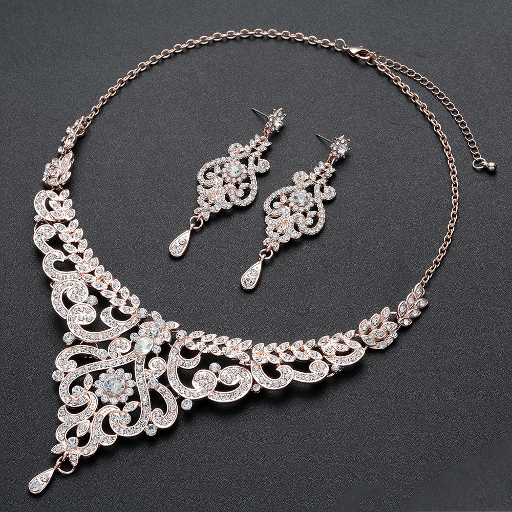 Nueva Europa y América de oro rosa traje collar pendientes conjunto diamante joyería boda cena vestido accesorios en stock