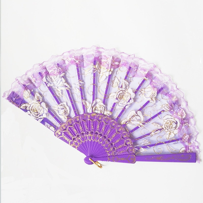 En stock Yongchun clásico ventilador de encaje rosa de las mujeres ventilador de tela de encaje ventilador de la danza Rosa ventilador de encaje