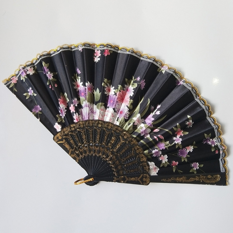 En stock ventilador plegable de encaje de mujer de hueso de plástico transfronterizo Rosa abanico de seda