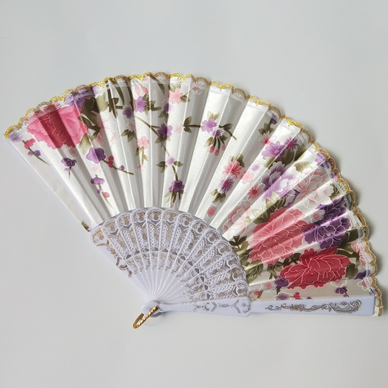 En stock ventilador plegable de encaje de mujer de hueso de plástico transfronterizo Rosa abanico de seda