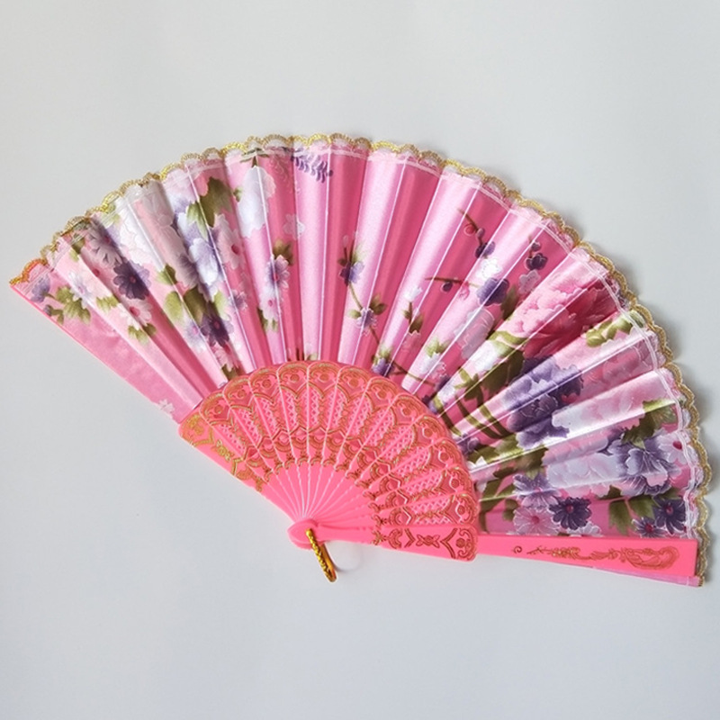 En stock ventilador de fractura de plástico transfronterizo estilo chino ventilador de tela de satén Yongchun danza ventilador plegable ventilador de encaje