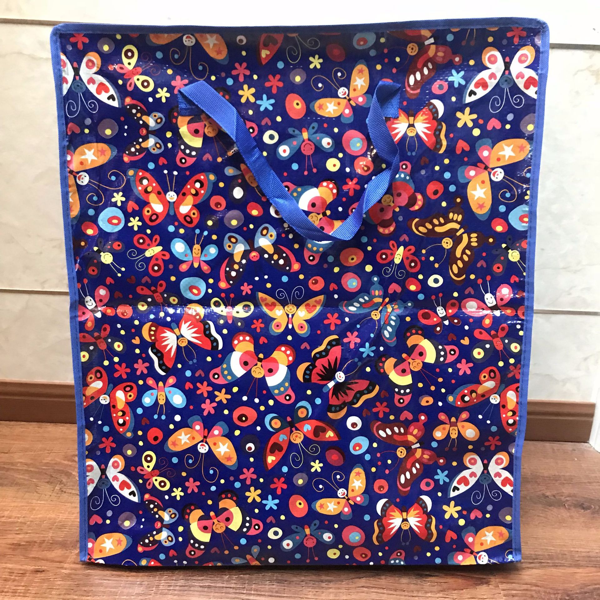 批发热销彩印编织袋蓝色蝴蝶覆膜编织袋pp编织袋拉链包塑料手提袋