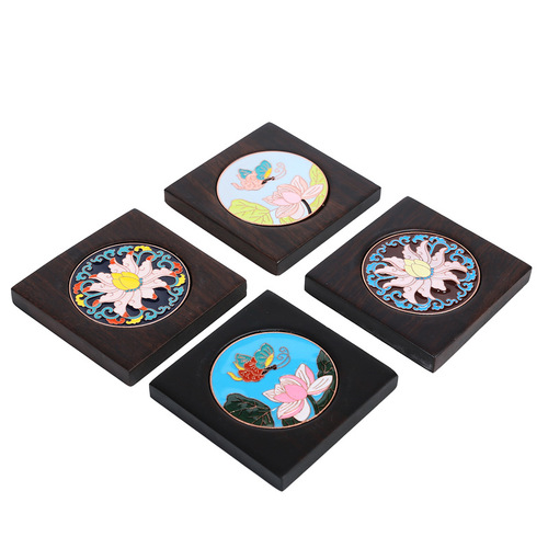 [Cloisonne Coaster] Ebony Solid Wood Kung Fu Tea Enamel Coaster Alloy Anti-scalding Tea Ceremony Parts Sauce