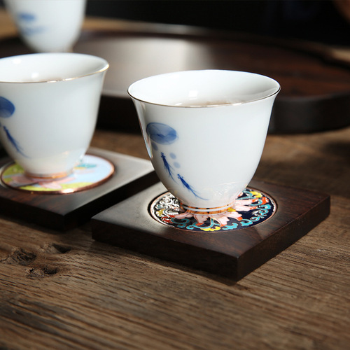 [Cloisonne Coaster] Ebony Solid Wood Kung Fu Tea Enamel Coaster Alloy Anti-scalding Tea Ceremony Parts Sauce