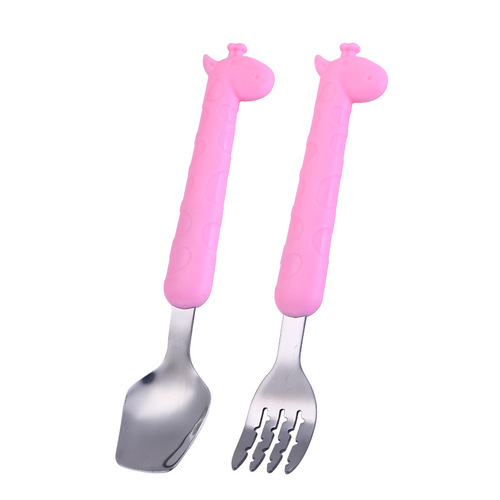 Stainless steel children's spoon cartoon giraffe baby eating spoon fork set kindergarten baby gift tableware