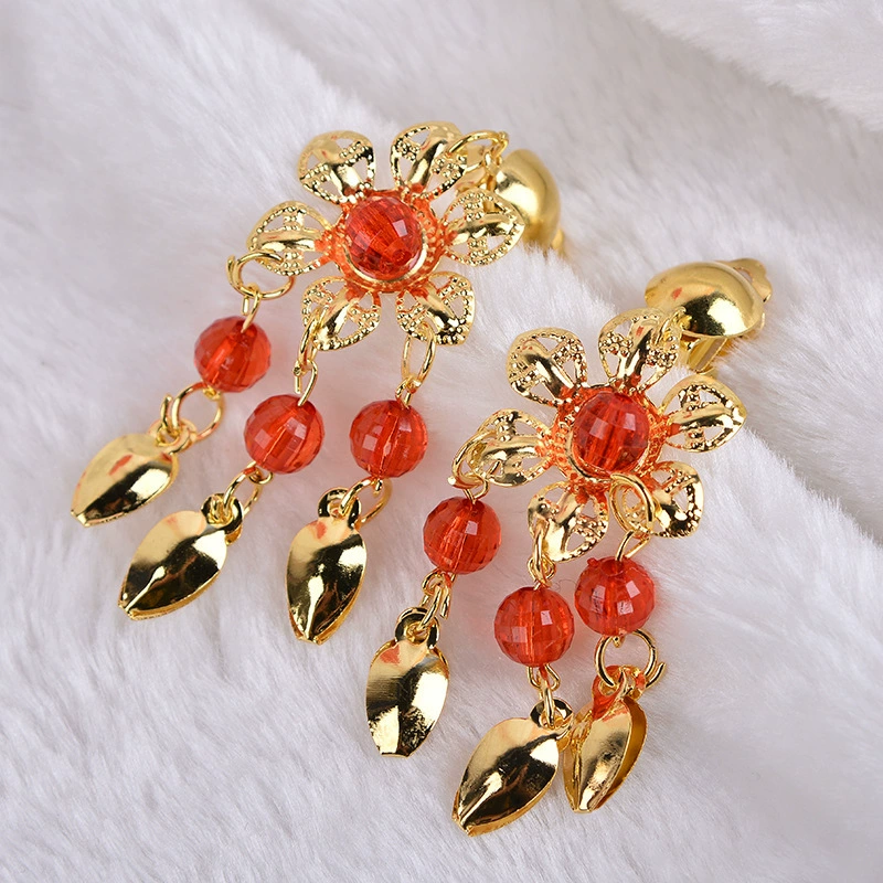 Dancing Ear Clips, Indian-Style Accessory with Gem, Dangling Floral Design, Pair