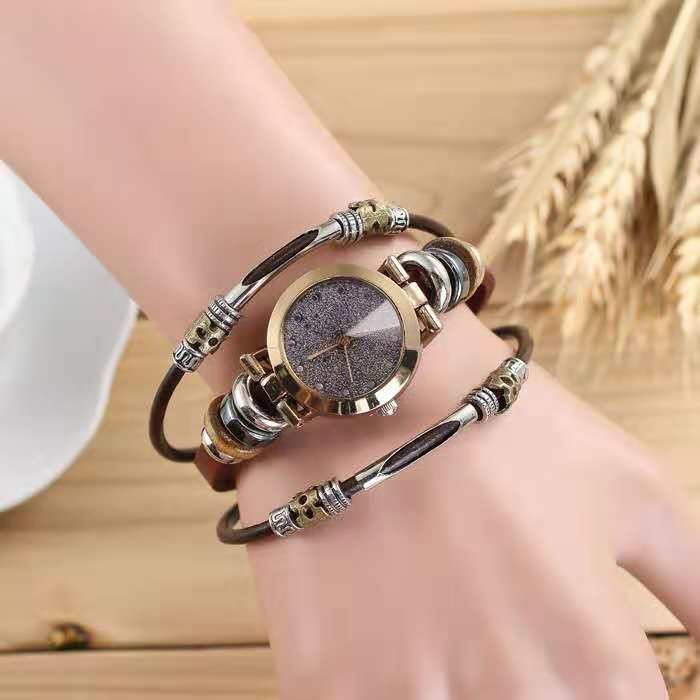 A variety of vintage woven jewelry cowhide bracelet a generation of handmade multi-layer stainless steel purple sand quartz watch buckle