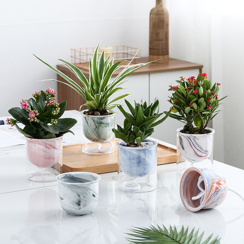 Nordic ins Creative Home Marble Pattern Hydroponic Ceramic Glass Combination Automatic Absorbent Lazy Flower Pot