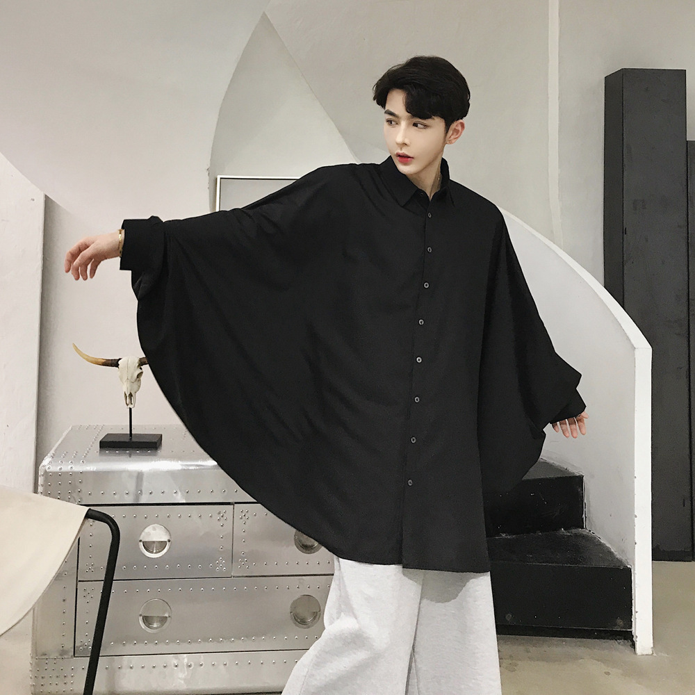 Korean Men's Summer Solid Color Long Sleeve Shirt bf Harajuku Style Fashionable Casual Loose Bat Sleeve Long Shirt Cardigan
