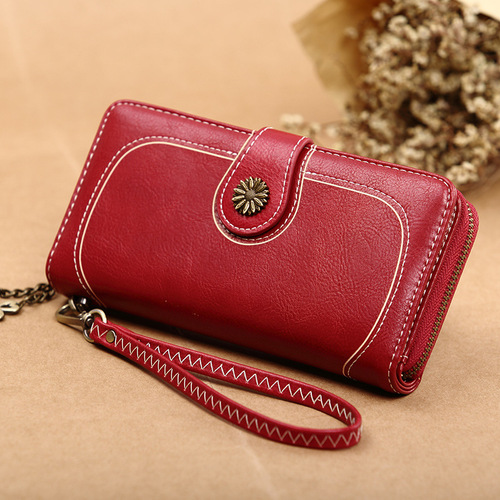 European and American retro hot-selling zipper wallet women's oil wax leather phone bag Korean style long clutch card holder cross-border