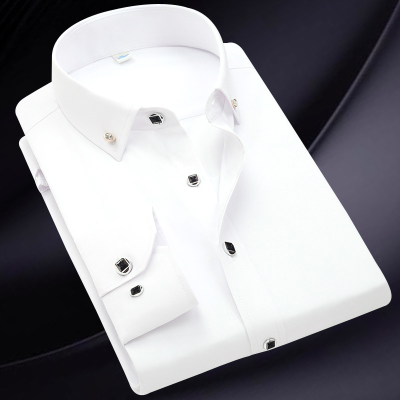 2026 Men's Long-Sleeved Shirt Business Professional White Shirt Men's Shirt with Diamond Buttons Pure Color Shirt Casual Men's Wear