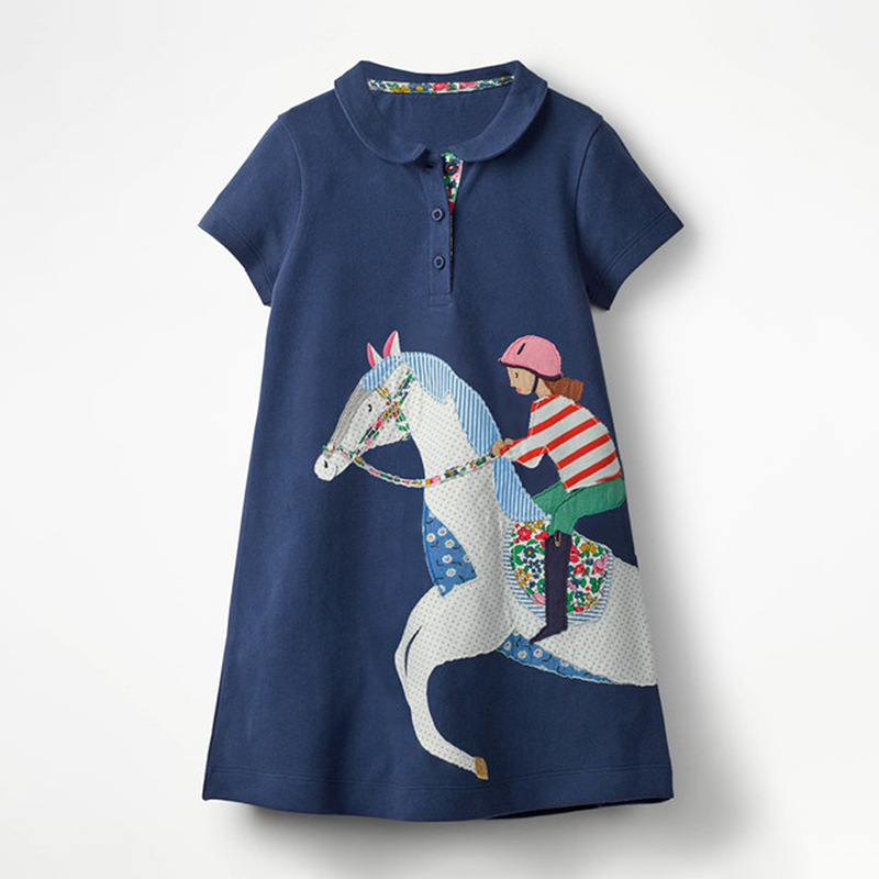 Procesamiento de algodón personalizado vestido infantil polo vestido de verano nuevo vestido de niña de manga corta de dibujos animados pecho abierto