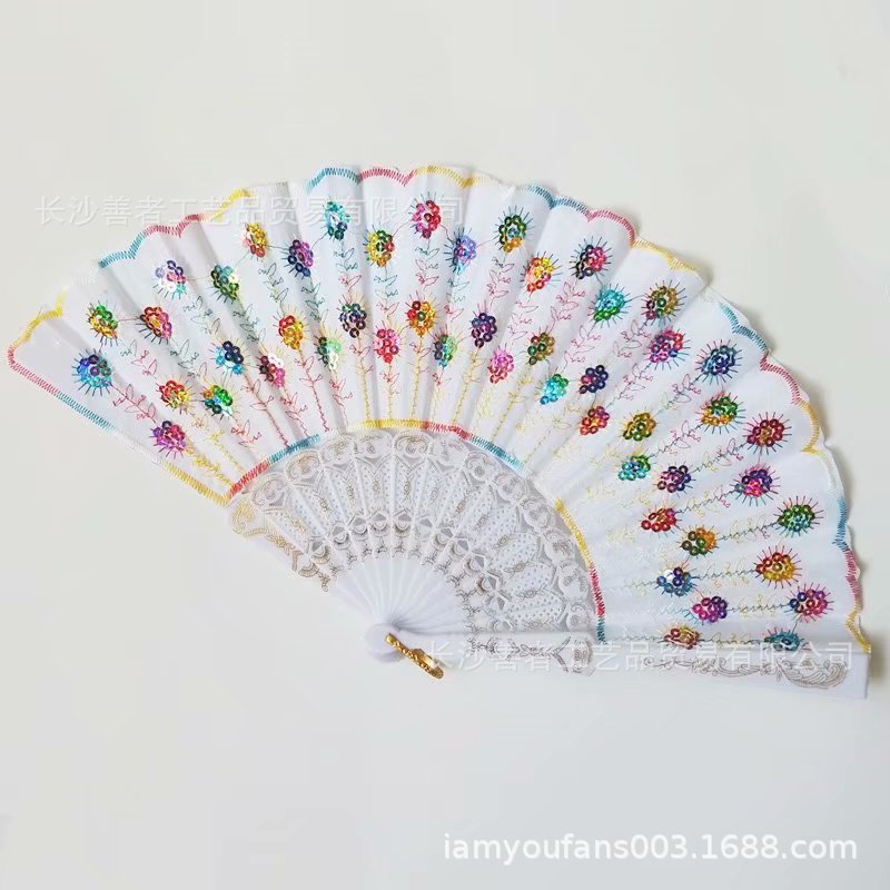 En stock AliExpress ventilador plegable de lentejuelas Amazon ventilador de lentejuelas bordado hecho a mano ventilador de lentejuelas Yongchun fan barra de color