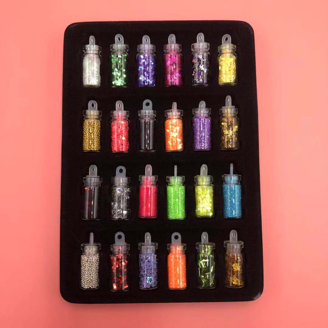 Directo de fábrica 24-color botella de vidrio brillo lentejuelas hexagonal joyería de uñas paquete de material de relleno Delgado