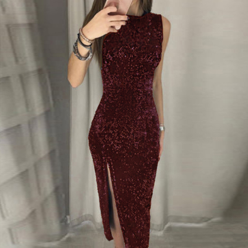 Sleeveless Crew Neck All Over Sequin Midi Dress, Velvet Base High Side Split Asymmetrical Hem Bodycon Cocktail Party Dress 4 Colors_ecoleips.com
