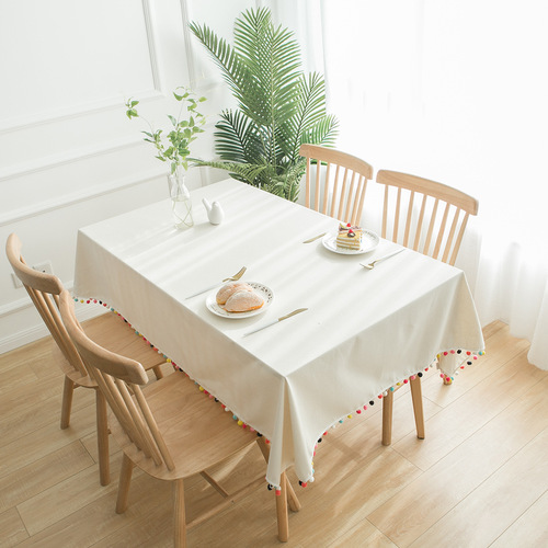 Colorful wool ball natural plain cotton and linen tablecloth cover white tablecloth dustproof coffee table cover drop shipping