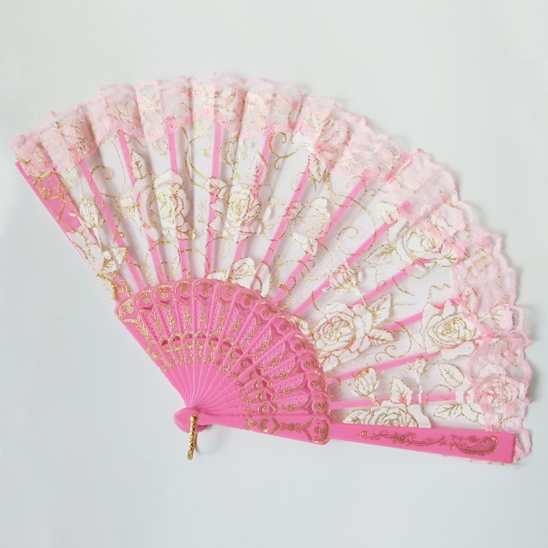 En stock Yongchun clásico ventilador de encaje rosa de las mujeres ventilador de tela de encaje ventilador de la danza Rosa ventilador de encaje