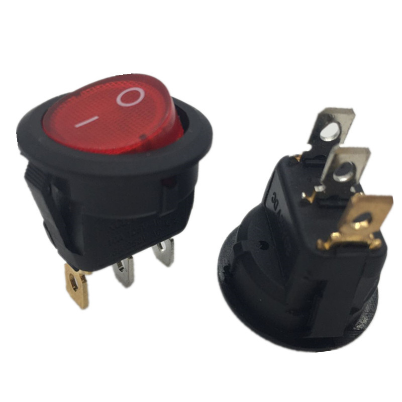 KCD1翘板船型开关上圆下方形12V24V开关红黄蓝绿带LED灯按键铜脚