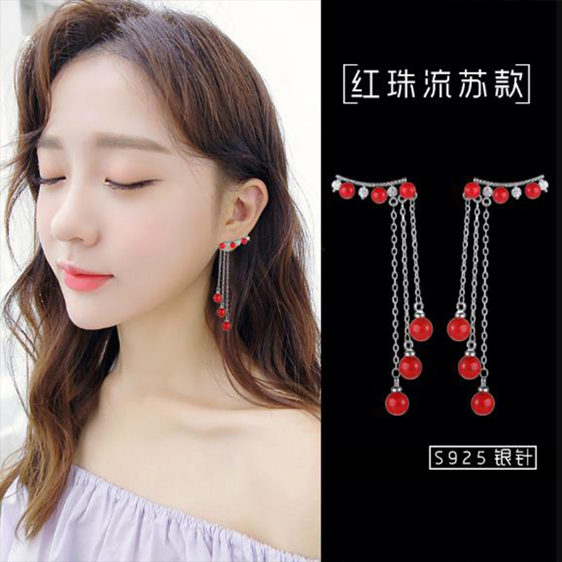 新款时尚流行长款流苏红珠耳环女S925银针耳饰个性百搭耳钉