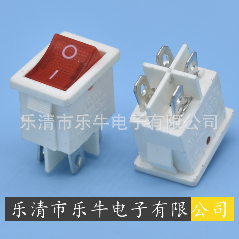 白色带灯船型开关 KCD1-104 15*21mm4脚白色翘板开关 白色带灯4脚
