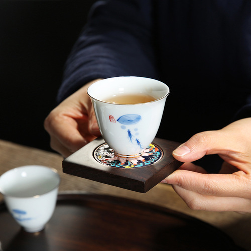 [Cloisonne Coaster] Ebony Solid Wood Kung Fu Tea Enamel Coaster Alloy Anti-scalding Tea Ceremony Parts Sauce