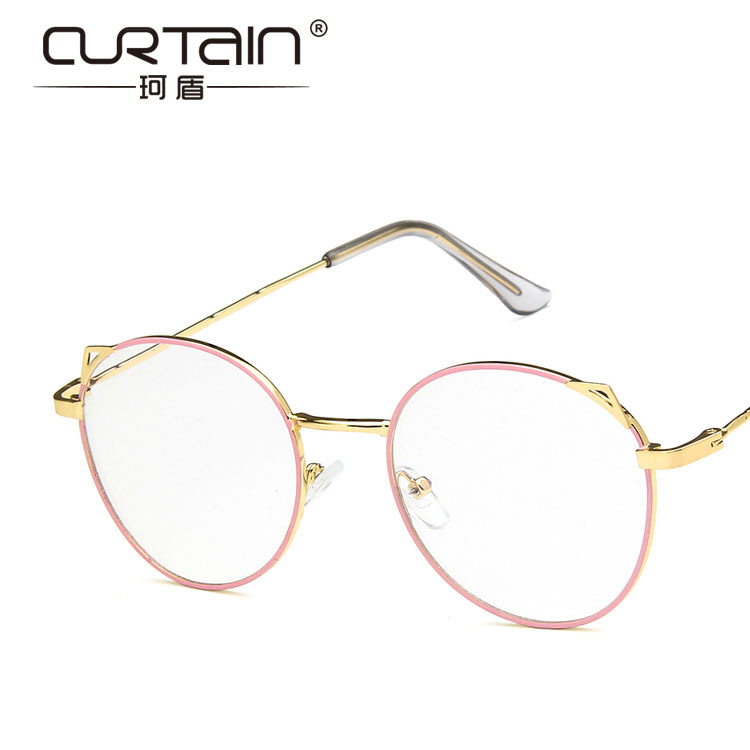 New Retro Cat Ears Round Glasses Frame Metal Anti-Blue Light Flat Glasses Fashionable Thin Edge Eye Protection Glasses Frame