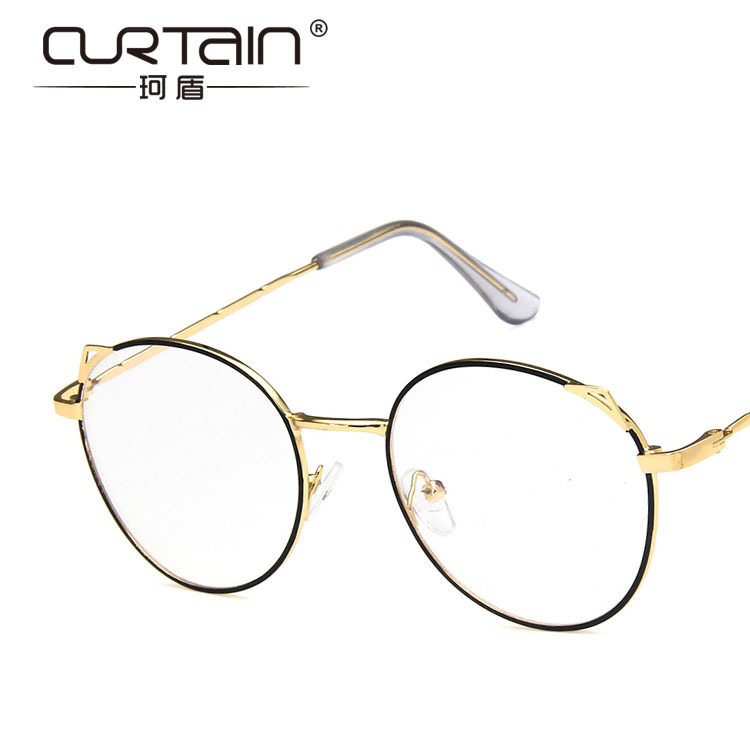 New Retro Cat Ears Round Glasses Frame Metal Anti-Blue Light Flat Glasses Fashionable Thin Edge Eye Protection Glasses Frame