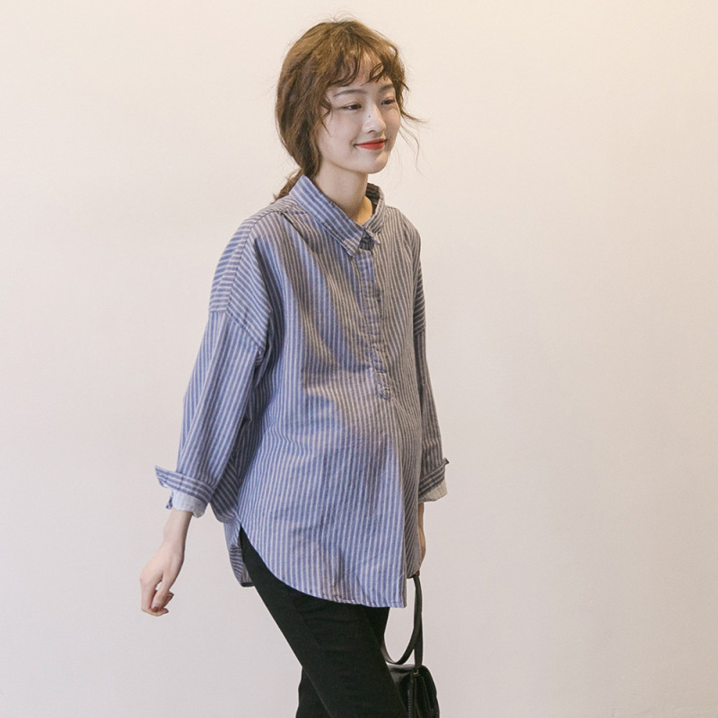 Spring and Autumn New Maternity Clothes Korean Striped Pregnant Women's Shirt Loose Large Size Casual Lapel Long Sleeve Shirt Trendy Mom