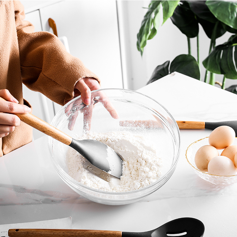 Shanen sartén antiadherente espátula cuchara de fideos cuchara de sopa de silicona utensilios de cocina mango de madera pala de cocina herramientas para hornear