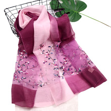 新款秋冬羊毛真丝丝巾女 桑蚕丝绣花渐变纱巾披肩防晒围巾女批发