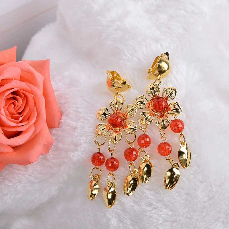 Dancing Ear Clips, Indian-Style Accessory with Gem, Dangling Floral Design, Pair