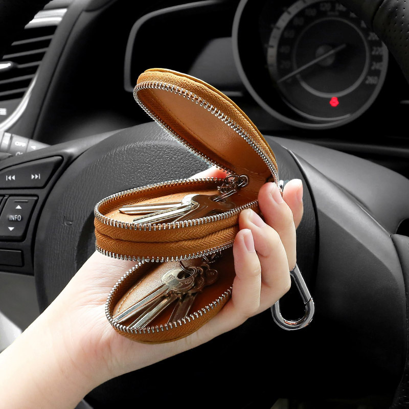Foreign Trade Hot Selling Retro Oil Wax Leather Double Layer Zipper Key Bag Oval Car Key Protective Case Genuine Leather Key Bag Foreign Trade Hot Selling Retro Oil Wax Leather Double Layer Zipper Key Bag Oval Car Key Protective Case Genuine Leather Key Bag