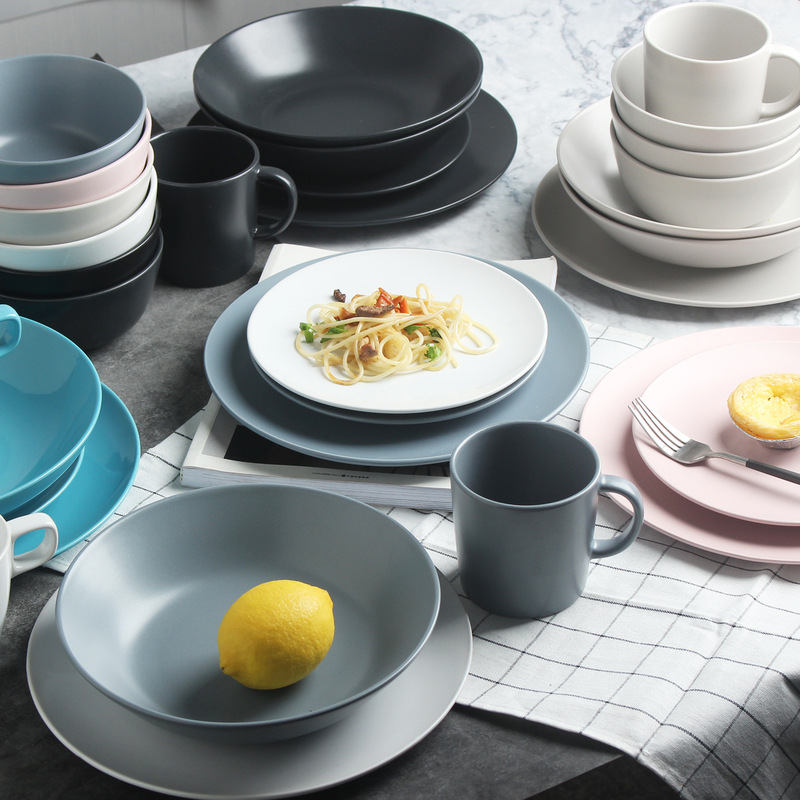 Factory direct export Nordic minimalist ceramic tableware set color Bowl plate restaurant steak plate household dish