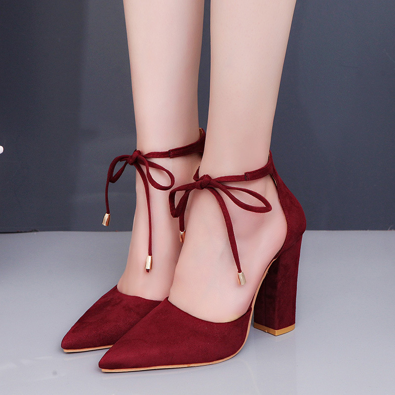 Export large size women's sandals wish new European and American thick heel high heels pointed side empty shallow mouth shoes foot ring strap