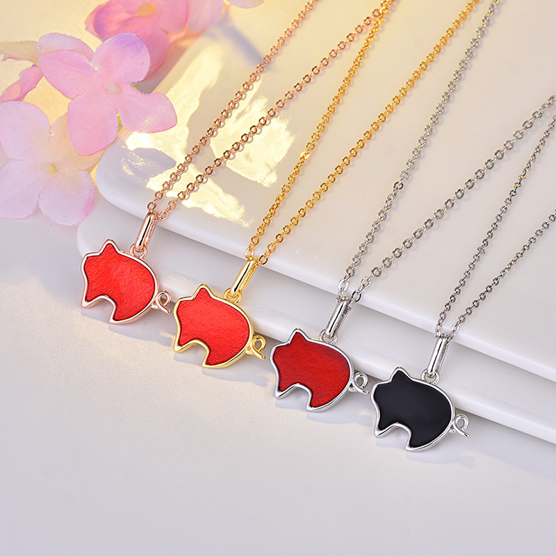 时尚新款情侣小猪项链红水晶胶生肖猪银吊坠气质百搭女生项链批发