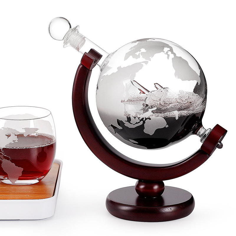 Contenedor de vino en forma de tierra botella de vino artesanal whisky contenedor de vino traje marco de madera botella de vino de vidrio