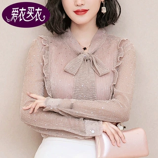 爱衣买衣2023秋季新款蝴蝶结V领上衣波浪边绑带网纱加绒衬衫A5289