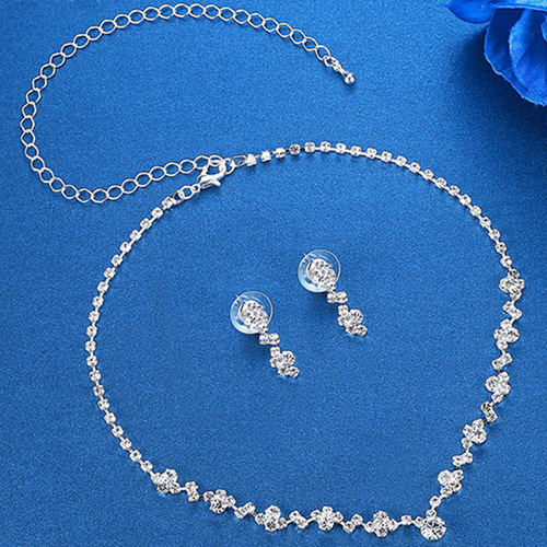 Cross-border European and American fashionable and elegant sparkling diamond necklace earrings set bridal jewelry female wedding accessories 4867