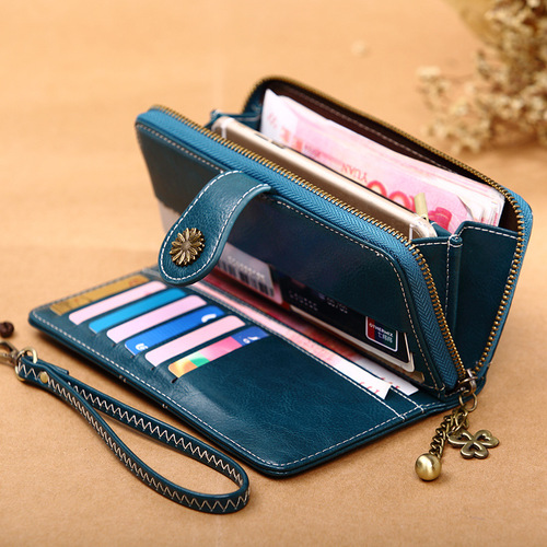 European and American retro hot-selling zipper wallet women's oil wax leather phone bag Korean style long clutch card holder cross-border