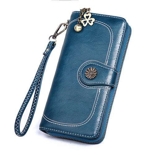 European and American retro hot-selling zipper wallet women's oil wax leather phone bag Korean style long clutch card holder cross-border