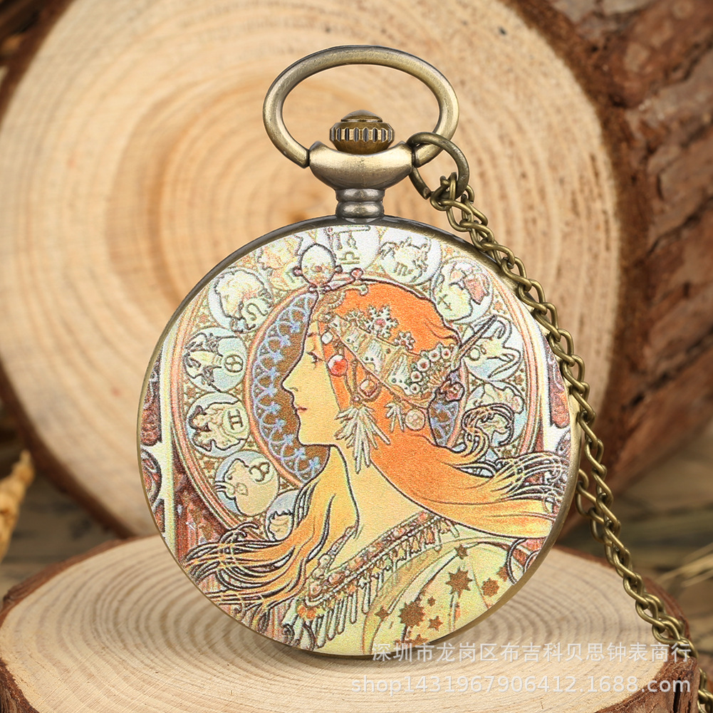 New Quartz Pocket Watch, Various Retro Bronze European and American Style Patterned Quartz Pocket Watches with Mural Prints