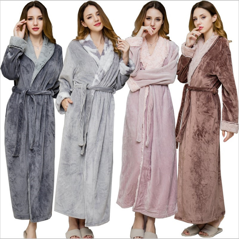 Foreign Trade Original Single Plus Size Flannel Nightgown Women's Winter Thickened Long Bathrobe Men's Couple Fur Collar Morning Gown