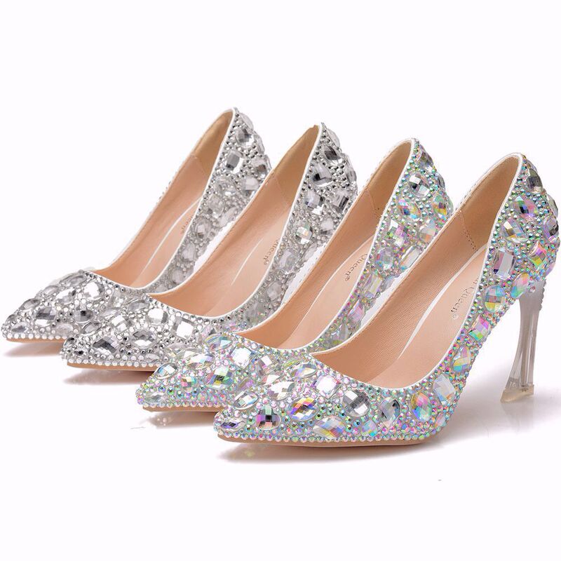 9cm Shallow Mouth Single Shoes Crystal Heel Rhinestone Bride Bridesmaid Shoes Foreign Trade Large Size Dinner Shoes