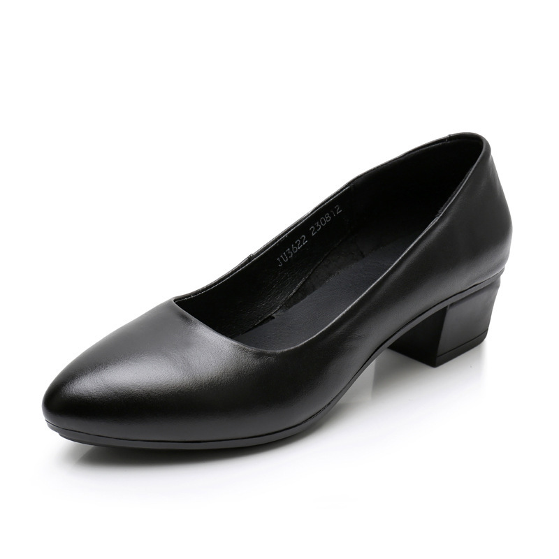 4CM ladies black top layer cowhide rubber sole professional thick heel hotel administrative long station not tired administrative work shoes